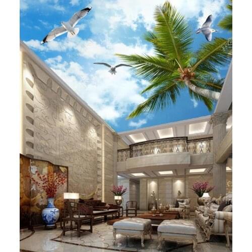 1808 Pigeon Flying around the Blue Sky and Coconut Tree Printing stretch ceiling film for workshop ceiling decoration