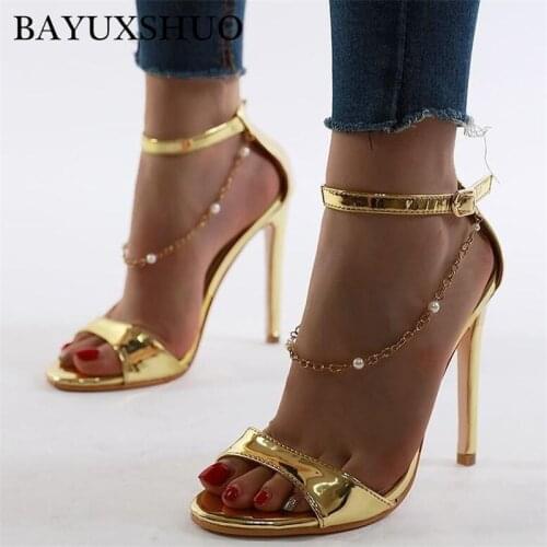2020 New Gold Chain Rhinestone Sandals Women Bright PU Stiletto Heels 35-40 Large Size Open Toe Fashion Shoes Drop Shipping