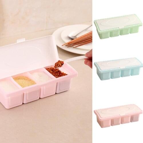 4 Grid Seasoning Box Condiment Spice Storage Case Holder Spice Jar Seasoning Box Kitchen Spice Storage Jars with Spoon