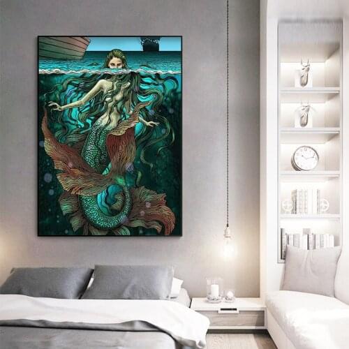 Abstract Wall Art Canvas Painting Mermaid Fairy Poster Couple Tree Vine Plant Woman Forest Print Aesthetic Print Without Frame