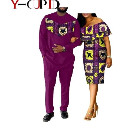 African Clothes for Couples Bazin Women Double Ruffles Neck Dresses Matching Men Outfit Patchwork Top and Pants Sets YA18C001