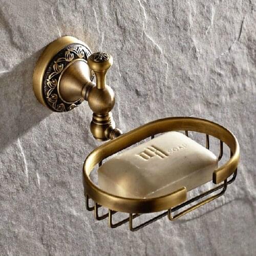 Bathroom Accessory Vintage Retro Antique Brass Carved Flower Pattern Base Wall Mounted Bathroom Soap Basket Dish Holder mba493