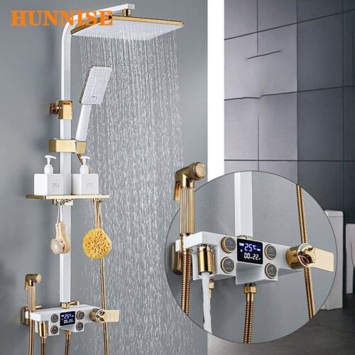 Bathroom Shower Set of Thermostatic Shower System White Gold Rainfall Shower Head Black Digital Bathroom Shower Mixer Set