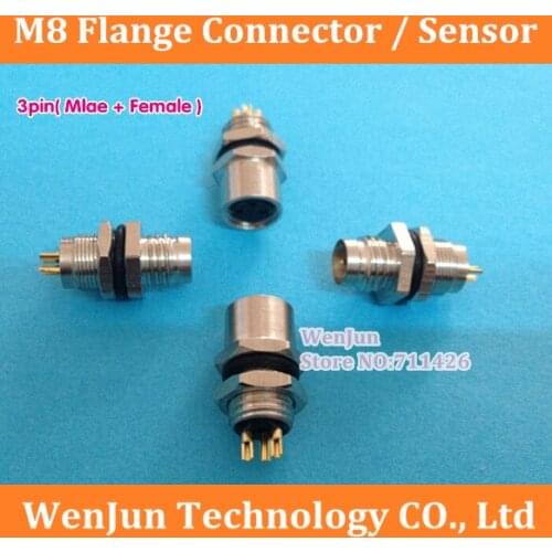 M8 flange/socket 100pcs 3 core 3Pin Male connector + 100pcs 3pin Female connector, NEW 3 pin sensor hole type / wall panel