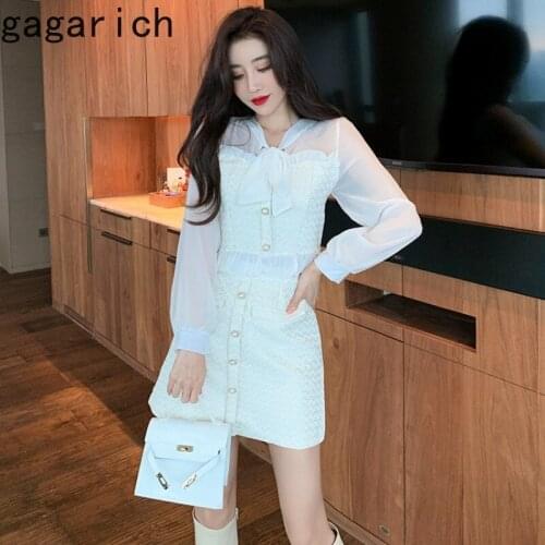 Gagarich Autumn Sets Woman 2021 New Elegant O-neck Tie Bow Chiffon Stitching Puff Sleeve Short Top High Waist All-match Skirt