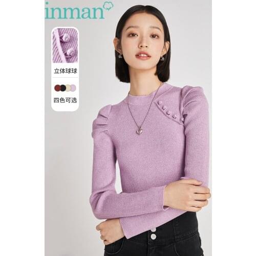 INMAN Autumn Vintage Retro Lady Chinese Embroidered Ball Design Sweater Women Lamp Sleeve Skinny Pullover Basic Tops