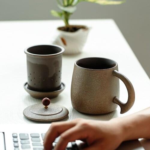 Japanese-Style Coarse Pottery Mug Ceramic with Lid Filter Office Cup Handmade High Temperature Firing Personal Cup Ceramic Mug