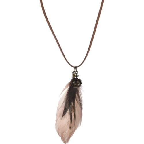 Lureme Braided Leather String Crown Charm and Grey Feather Pendant Necklace for Women and Girls (01002110)