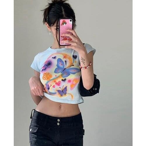 Harajuku Y2K Aesthetic Butterfly Print Cute Baby Tees Vintage 2000s O-neck Short Sleeve White T-shirt Kawaii Summer Crop Top