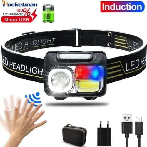 60000LM USB Rechargeable Headlamp Red/Blue Light Body Motion Sensor Headlight Head Lamp Lantern Camping Light Built-in Battery
