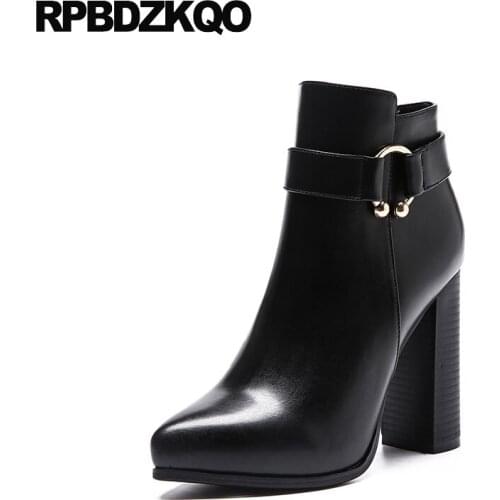 Zipper Shoes Metal Short Fashion Booties Embellished Pointed Toe Sexy Black Chunky Ankle Ladies High Heel Women Boots Winter