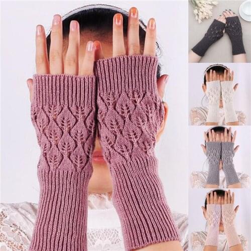 Winter Warm Fingerless Knitted Gloves For Women Acrylic Stretch Half Finger Arm Glove Crochet Knitting Faux Girls Mitten Gloves
