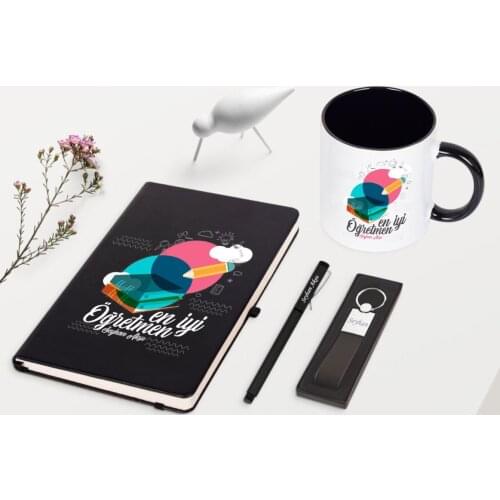 Personalized Best Teacher Themed Black Notebook Pen Keychain Mug Set-3