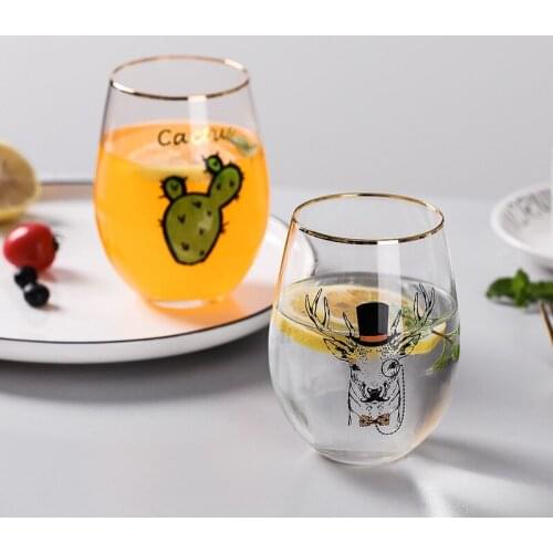 Phnom Penh Transparent Glass Household Cartoon Water Cup Straw Big Tripe Juice Drink Glass Cups