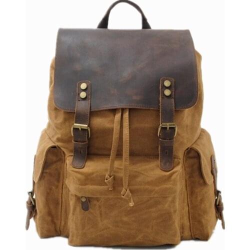 M050 Multifunctional Leather Canvas Backpack Men Military Backpack Boy Girl Vintage School Backpacks Shoulder Laptop Backpacking