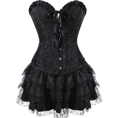 Sapubonva Corset Dress Lace Bustier Skirts Top Set Sexy Women Gothic Victorian Lolita Costume Vintage Lingerie Plus Size Black