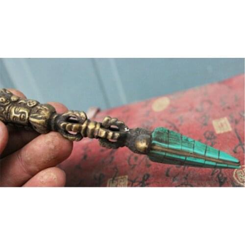 Tibet Buddhism Bronze Turquoise Mahakala Buddha Head Statue Phurba Dagger 32