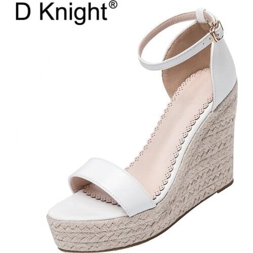 Size 32-44 Wedges Women Sandals Open Toe White Pu Leather High Heel Pumps Hot Black Flock Ankle Strap Wedges Lady Platform Shoes