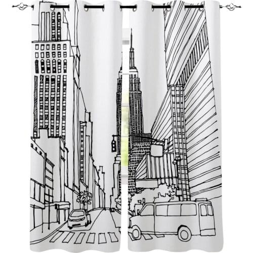 Street Architecture City Illustration Window Curtains LivingRoom Kitchen Curtains Left and Right Biparting Open