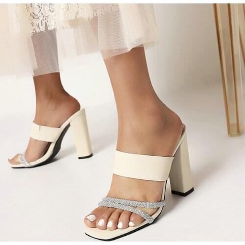 ZawsThia 2021 Summer Chic Open Toe Bling Glitter Strap Open Toe Mule Stripper Block High Heels Womens Slides Shoes Sexy Sandals