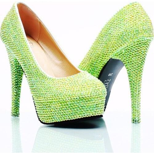 Women Green AB Bling Crystal Party Dress Shoes Rhinestone Fashion Bridesmaid Shoes Platform Pumps Bridal Wedding Shoes Ladies 8