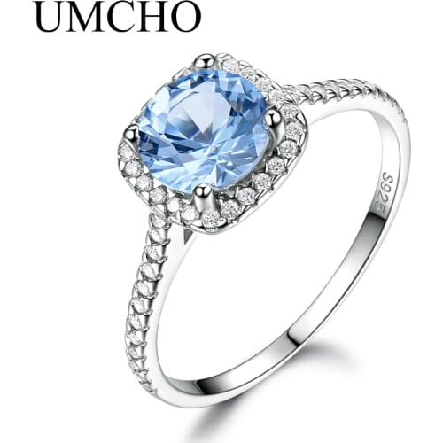 Umcho 여성을위한 솔리드 925 스털링 실버 반지 스카이 블루 토파즈 실버 반지 여성 웨딩 밴드 보석 웨딩 파티 쥬얼리