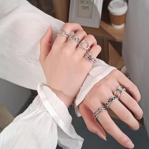 Retro Creative Geometric Hollow Silver Color Open Ring for Women Hip-hop Personality Chain Stitching Couple Ring Party Gifts