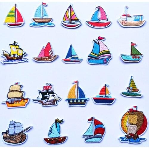 100pcs/lot Embroidery Patch Yacht Sailing Boat Clothing Decoration Backpack Sewing Accessories Diy Iron Heat Transfer Applique
