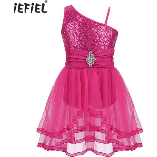 2019 Kids Girls One Shoulder Shiny Sequins Ballet Mesh Tutu Dress Lyrical Contemporary Dance High-Low Shorty Unitard Dance Dress