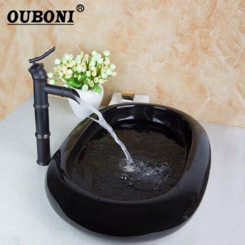 OUBONI Bamboo Oval Wash Basin Black Tap Bathroom Sink Washbasin Tempered Ceramic Hand-Painted Bath Brass Set Faucet Mixer Taps