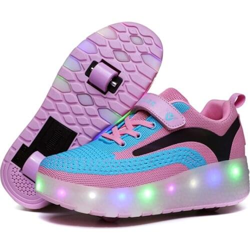 New Pink USB Charging Fashion Girls Boys LED Light Roller Skate Shoes For Children Kids Sneakers With Wheels Two wheels