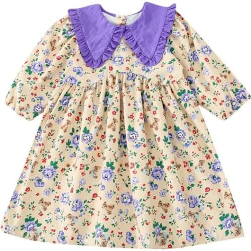 Kids Dress for Autumn Little Girls Purple Collar Floral Princess Dresses for Children 2021 Party Clothing