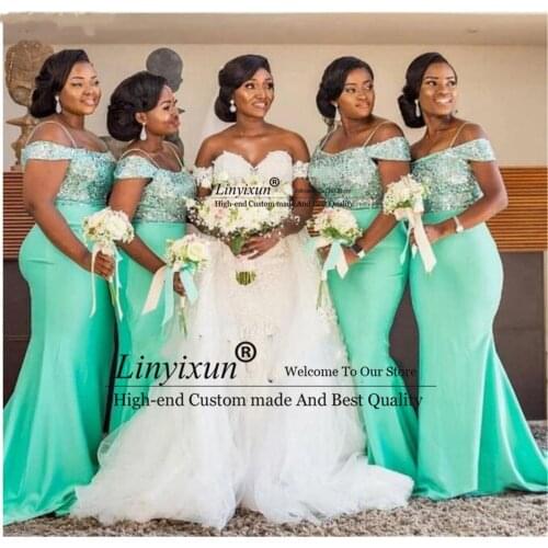 Mint Green Long Bridesmaid Dresses For Black Women Spaghetti Straps Mermaid Sequin Satin Formal Wedding Party Gowns Plus Size