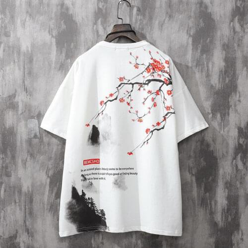 Cute Flowers Print T Shirt Male Japan Short Sleeve T-shirt White Summer Couple Funny Clothes Hip Hop High Street Harajuku Tops