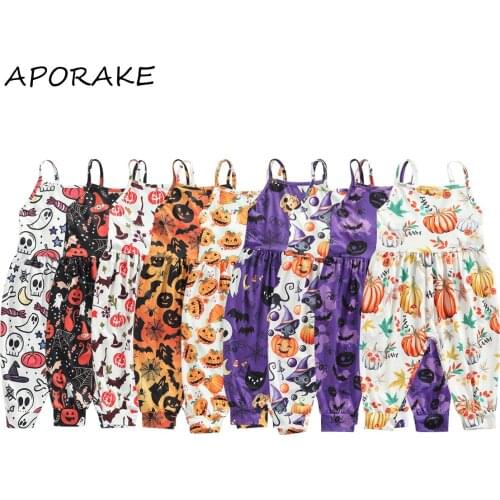 2021 1-6Y Halloween Infant Baby Boy Girl Jumpsuit Cartoon Ghost/Pumpkin/Cat Print Sleeveless O Neck Loose Romper Costume Outfit
