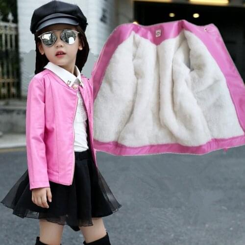 Girls Leather Jacket Autumn Winter Pink Thicken Childrens Plus Velvet Warm Zipper Cotton Outwear Coat