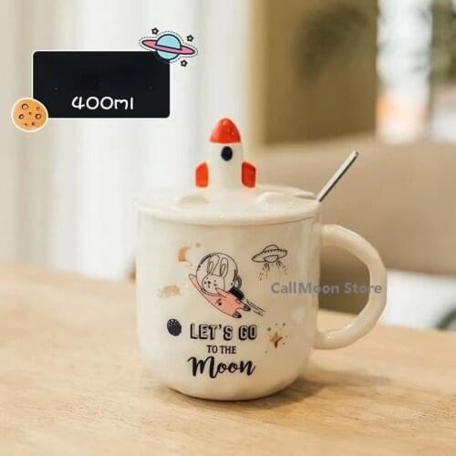 400ml Rocket Starry Sky Large Capacity Creative Cup Cartoon Childrens Space Rokcet Moon Pattern Milk Coffee Cup Phone Holder