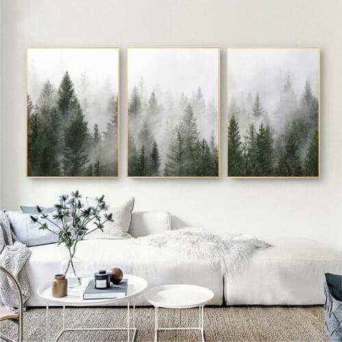 Forest Landscape Posters and Prints Tree Mist Fog Cloudy Woodland Wall Art Pictures Canvas Painting Living Room Home Wall Decor