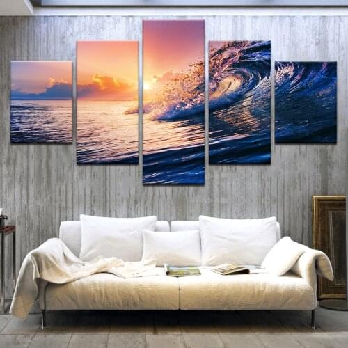 Canvas Sunset Sea Waves Seascape Paintings Ocean Beach Posters HD Printed Home Decorative 5 Pieces Wall Art Modular Pictures