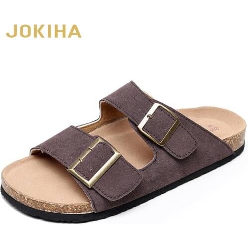 2021 Summer New Mens Cow Suede Leather Mule Clogs Slippers High Quality Soft Cork Two Buckle Slides Footwear For Men