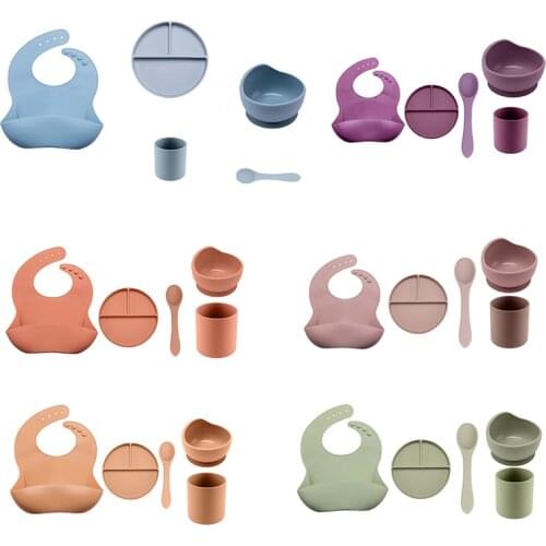 Baby Silicone Dinnerware Set Feeding Solid Food Bib Three Grids Suction Dishes Plates Food Grade Bowl Spoon And Cup