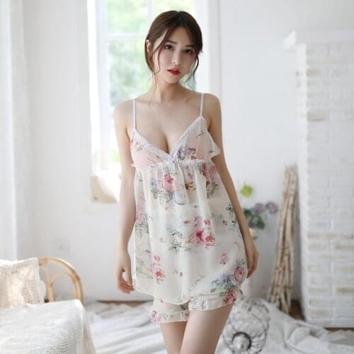 Women Summer Shorts Pijamas Chiffon Sleepwear V Neck Tops Night Sleepshirts 2 Piece Sexy Pjs Printed Pajamas Set Women