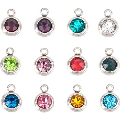 Stainless steel Charm Pendant 6mm Round Beads Mini Birthstone Crystal Charm DIY Jewelry Making Accessory (12*1)12pcs
