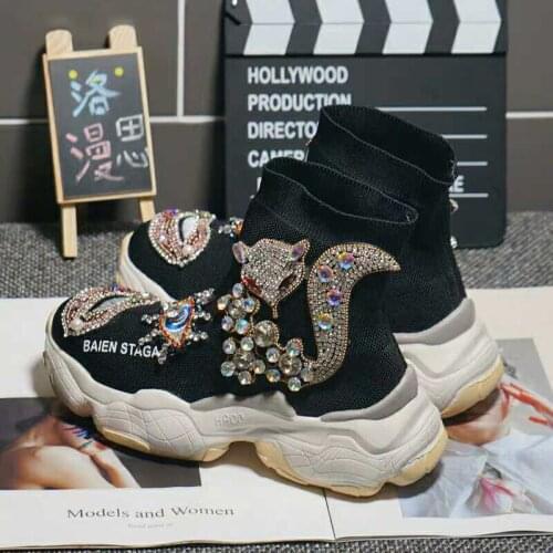 Luxury crystal beaded fox head sponge cake platform socks shoes