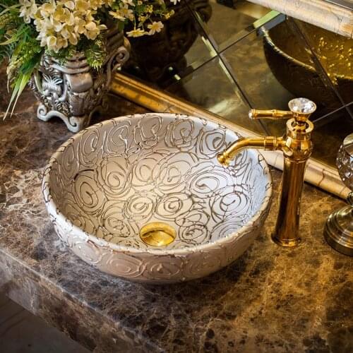 Silver rose pattern Art wash basin Ceramic Counter Top Wash Basin Bathroom Sinks