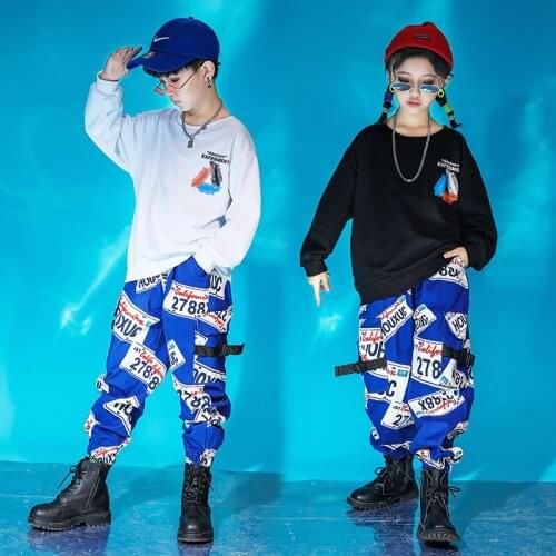Children Hip Hop Clothing Kids Oversized Long Sleeve Sweatshirt Tops Blue Print Casual Pants For Boys Jazz Dance Costumes Wear