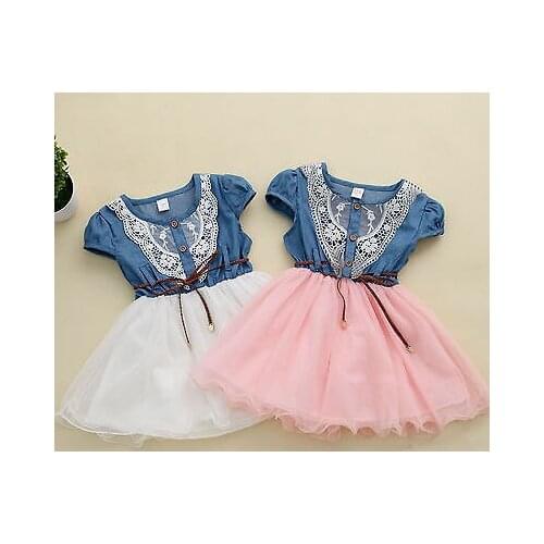 Tops Tulle Gown Dresses 1-6Y Princess Girls Dress Baby Kids Party Lace Dress With Leather Belt Denim Children Clothing