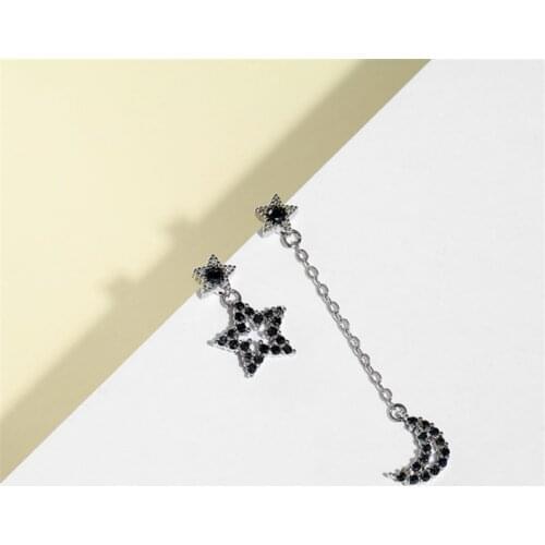 2019 korean style Tibetan sliver star moon black stones ear studs asymmetry woman fashion jewelry bts drop earrings jewelry