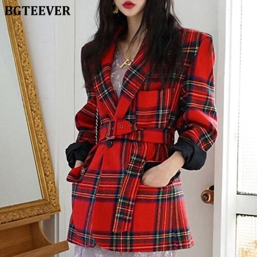 BGTEEVER 2020 New Stylish Notched Collar Women Plaid Woolen Blazer Thick Warm Single-breasted Female Belted Patchwork Jackets