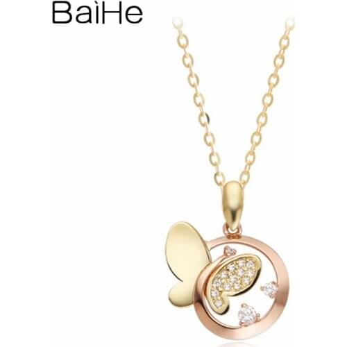 BAIHE Solid 18K Yellow Rose Gold 0.15ct Round Natural Diamond Women Engagement Fine Jewelry Beautiful butterfly diamond Necklace